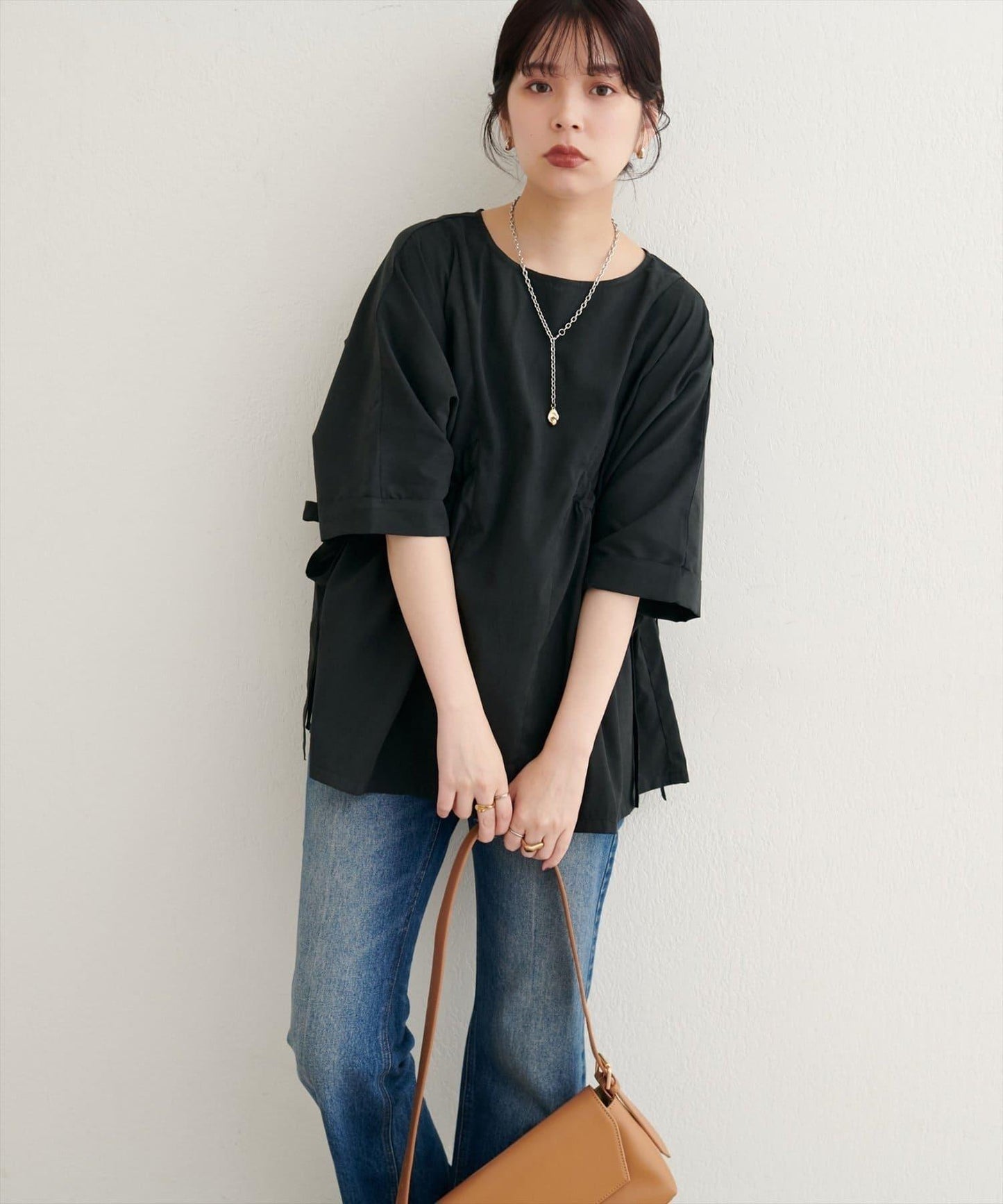 側抽繩七分袖襯衫