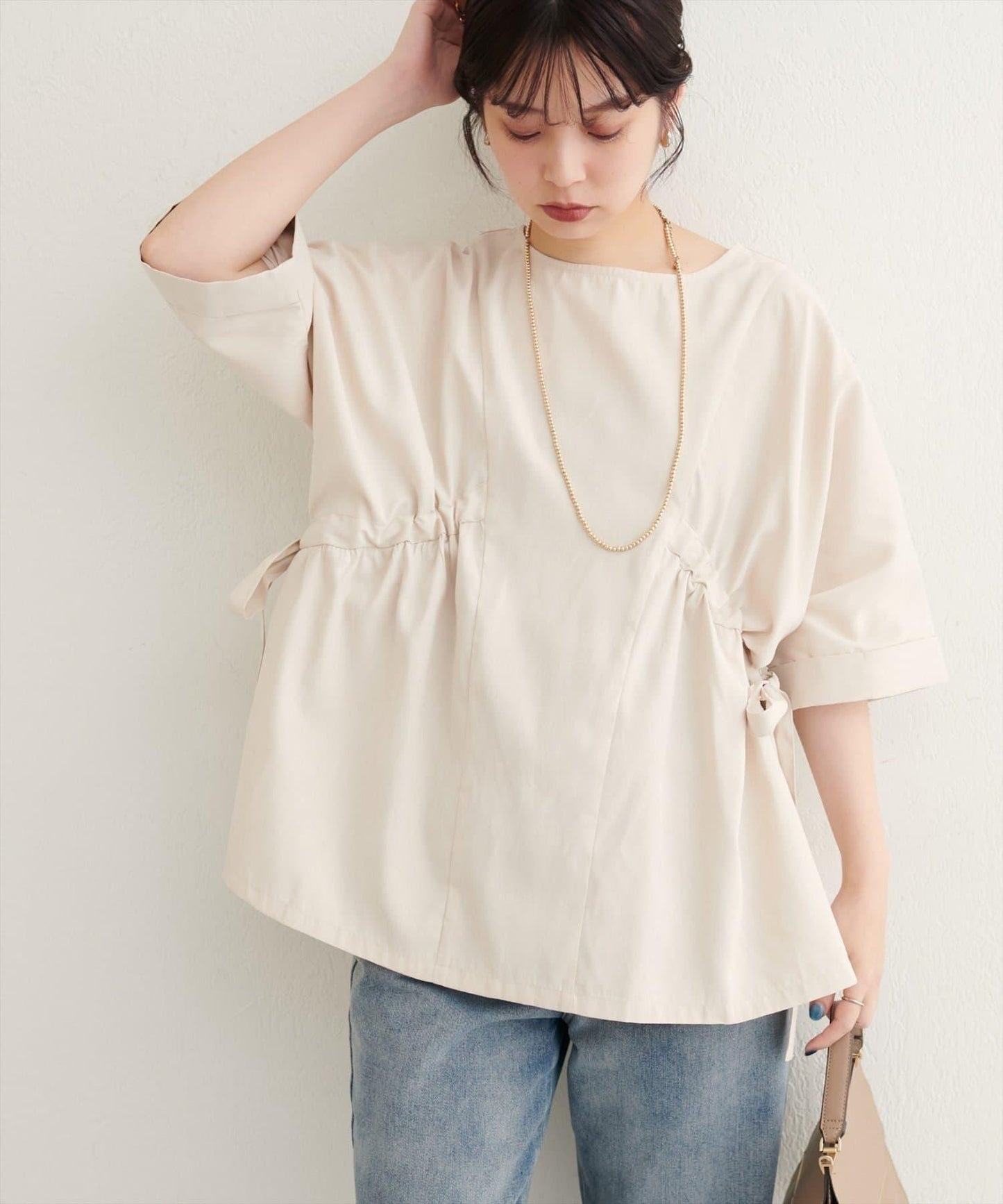 側抽繩七分袖襯衫