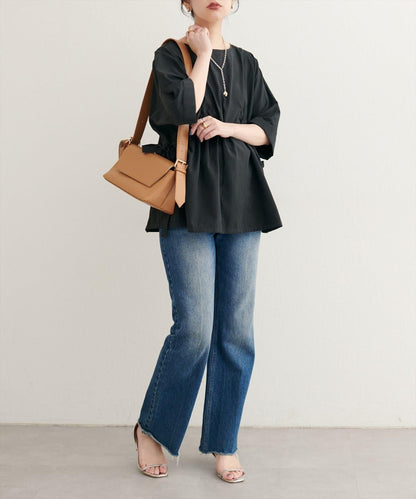 側抽繩七分袖襯衫