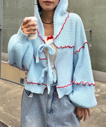 ★【HELLO.SANFRANCISCO/ハローサンフランシスコ】拼色荷葉邊拼接連帽開衫