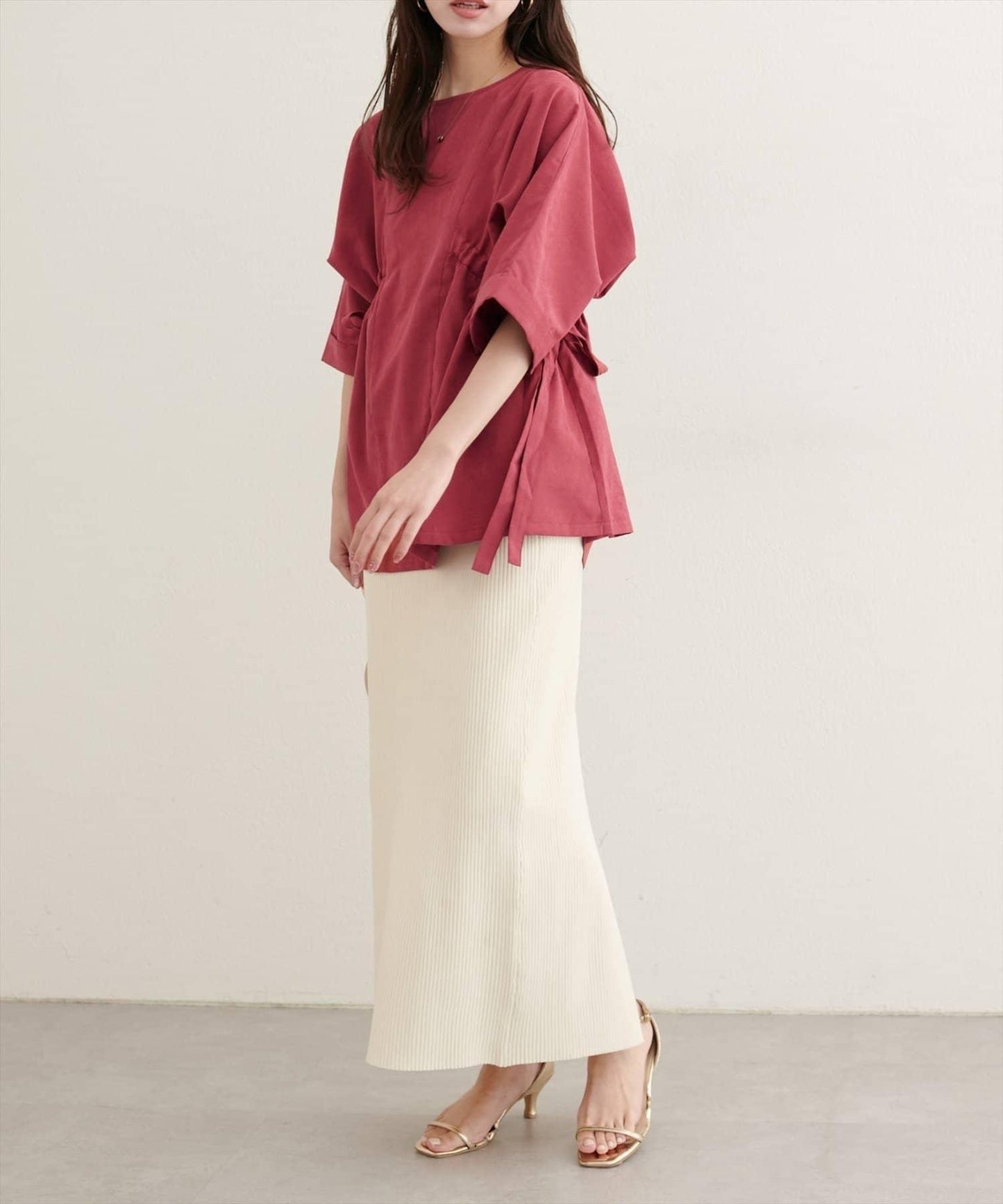 側抽繩七分袖襯衫