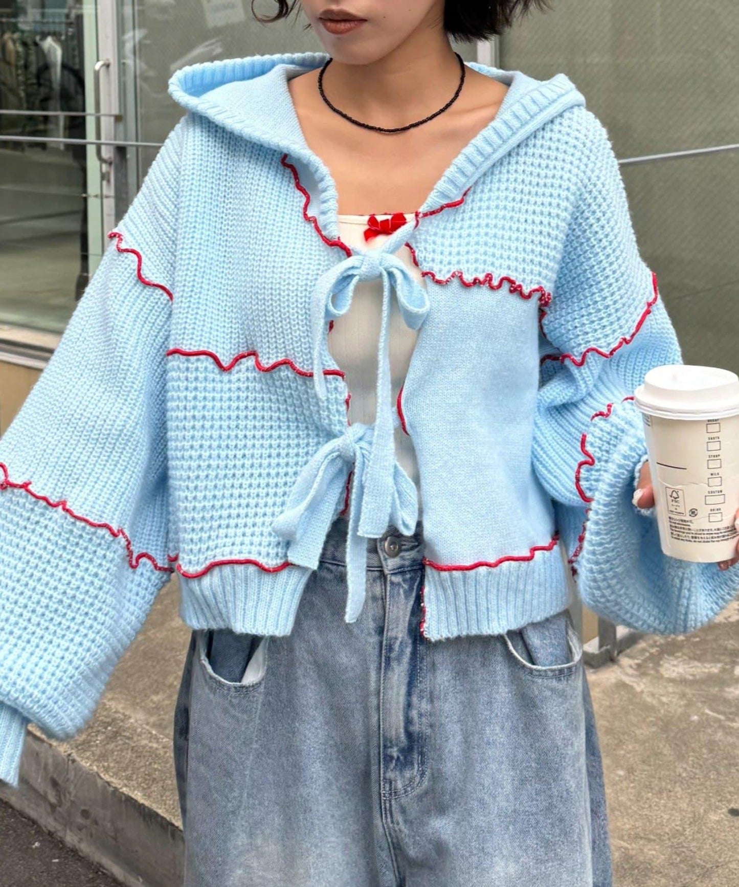 ★【HELLO.SANFRANCISCO/ハローサンフランシスコ】拼色荷葉邊拼接連帽開衫