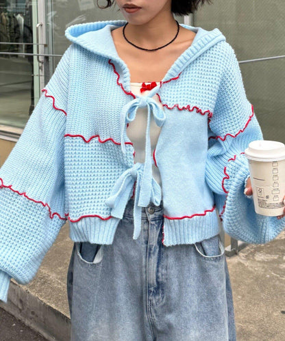 ★【HELLO.SANFRANCISCO/ハローサンフランシスコ】拼色荷葉邊拼接連帽開衫