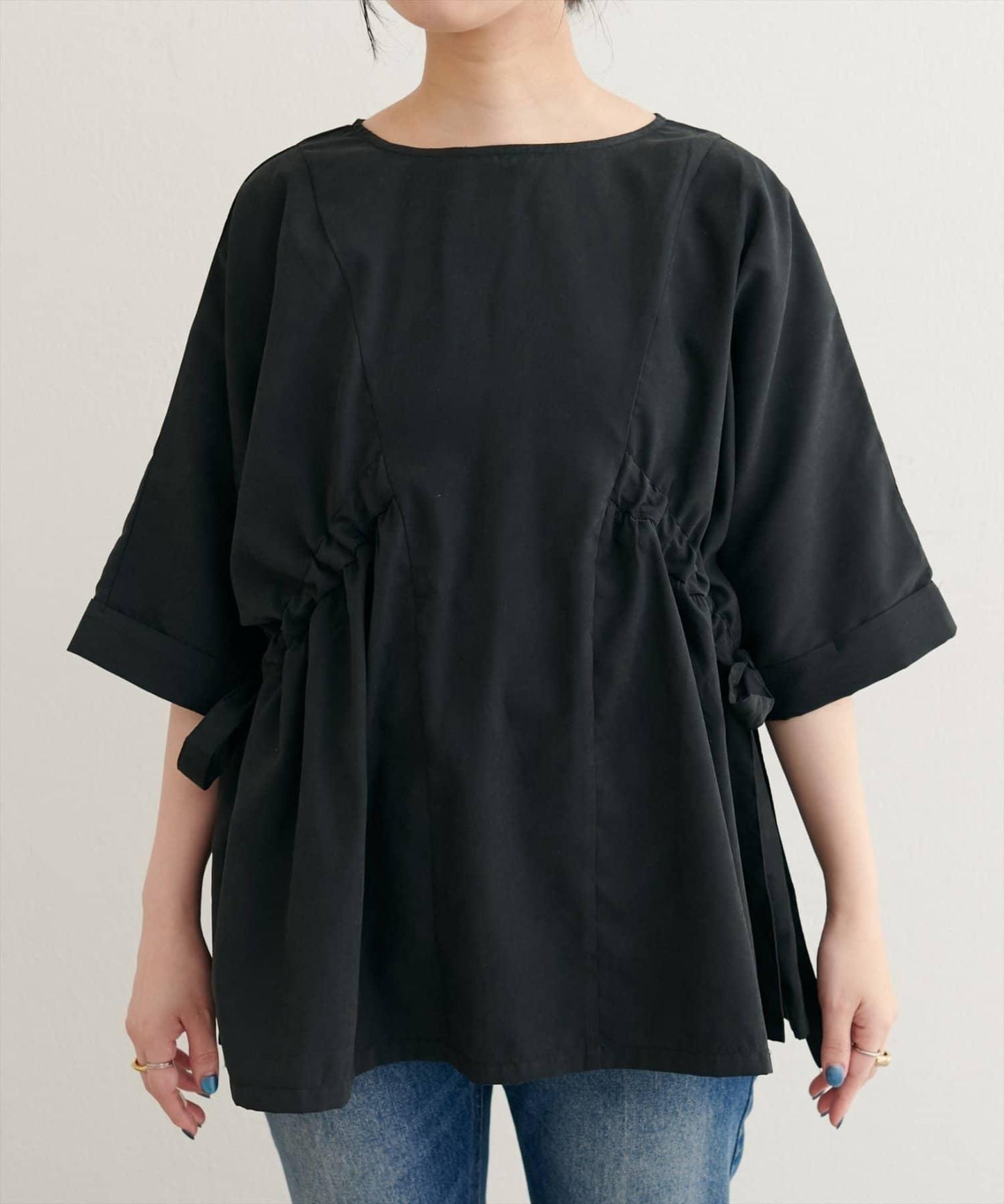 側抽繩七分袖襯衫