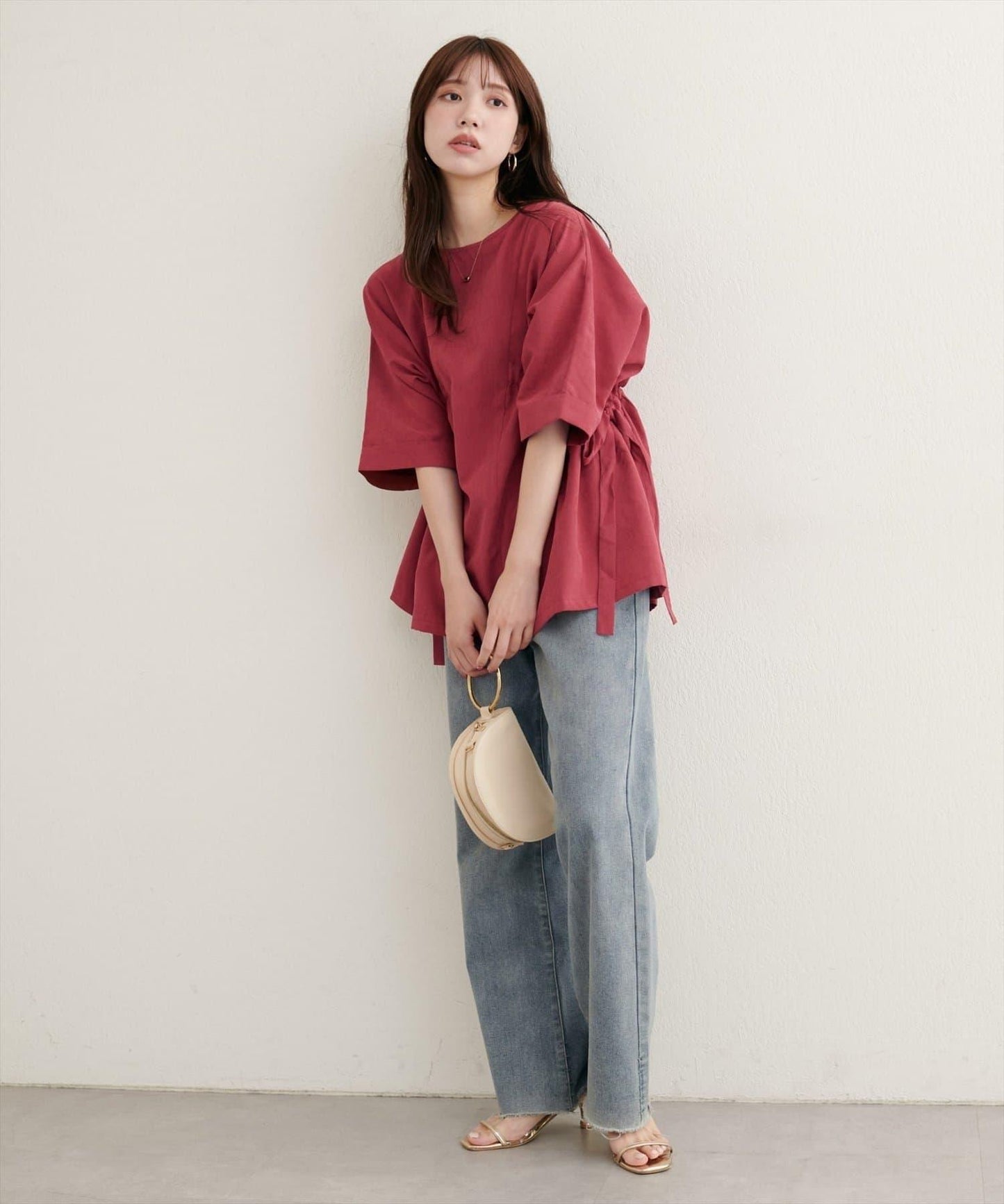 側抽繩七分袖襯衫