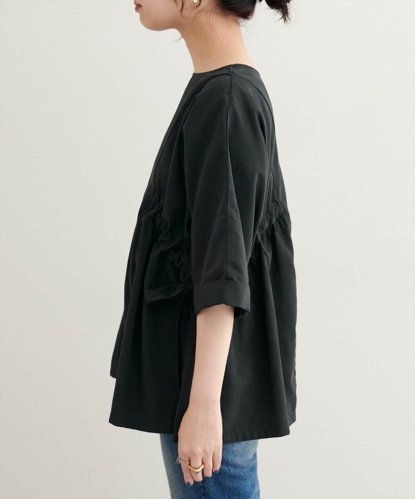 側抽繩七分袖襯衫