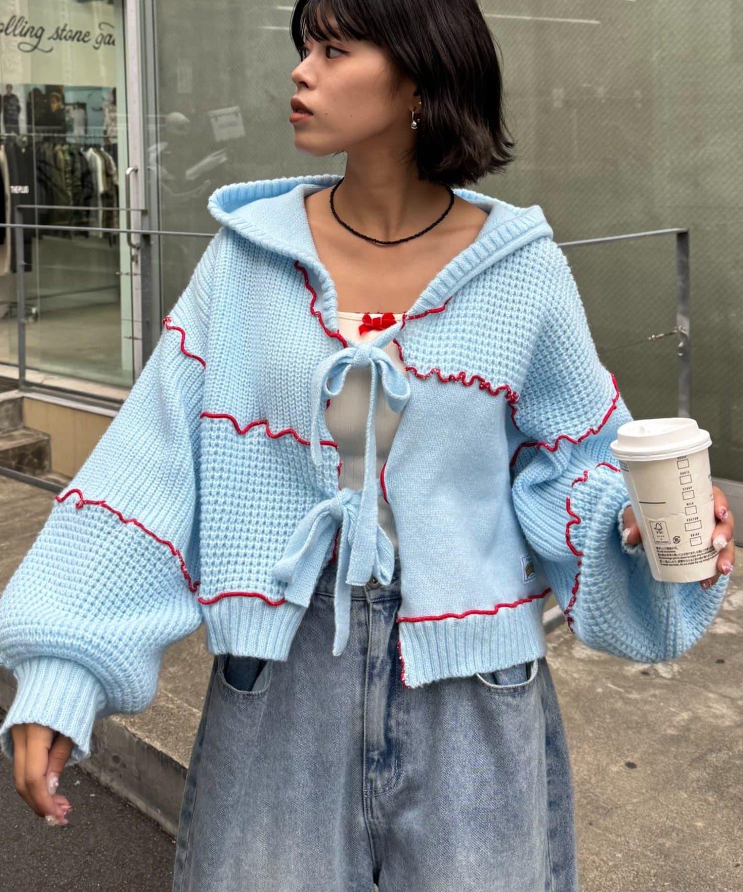 ★【HELLO.SANFRANCISCO/ハローサンフランシスコ】拼色荷葉邊拼接連帽開衫