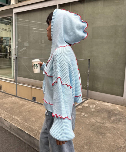 ★【HELLO.SANFRANCISCO/ハローサンフランシスコ】拼色荷葉邊拼接連帽開衫