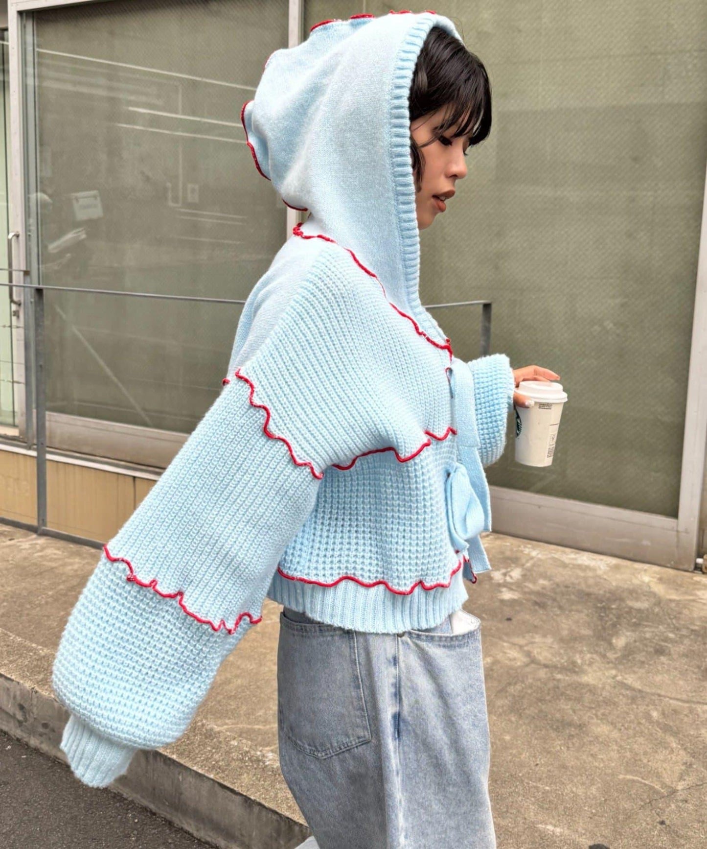 ★【HELLO.SANFRANCISCO/ハローサンフランシスコ】拼色荷葉邊拼接連帽開衫