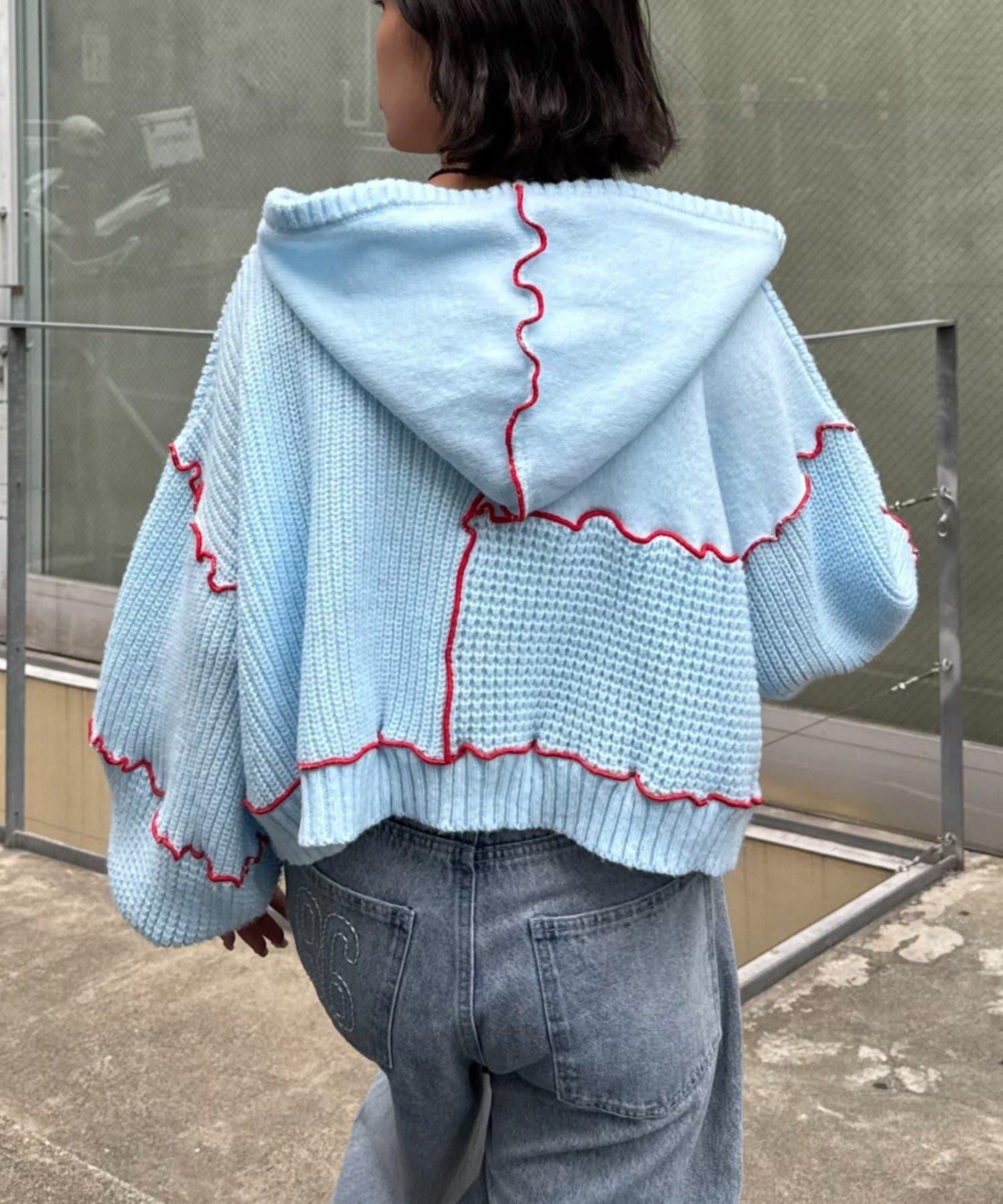 ★【HELLO.SANFRANCISCO/ハローサンフランシスコ】拼色荷葉邊拼接連帽開衫