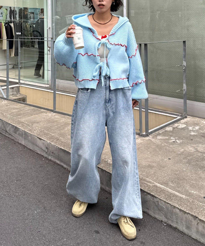 ★【HELLO.SANFRANCISCO/ハローサンフランシスコ】拼色荷葉邊拼接連帽開衫