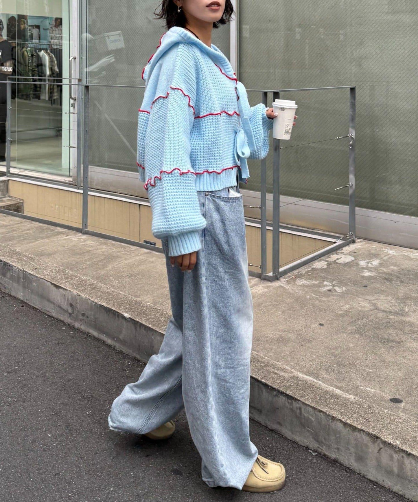 ★【HELLO.SANFRANCISCO/ハローサンフランシスコ】拼色荷葉邊拼接連帽開衫