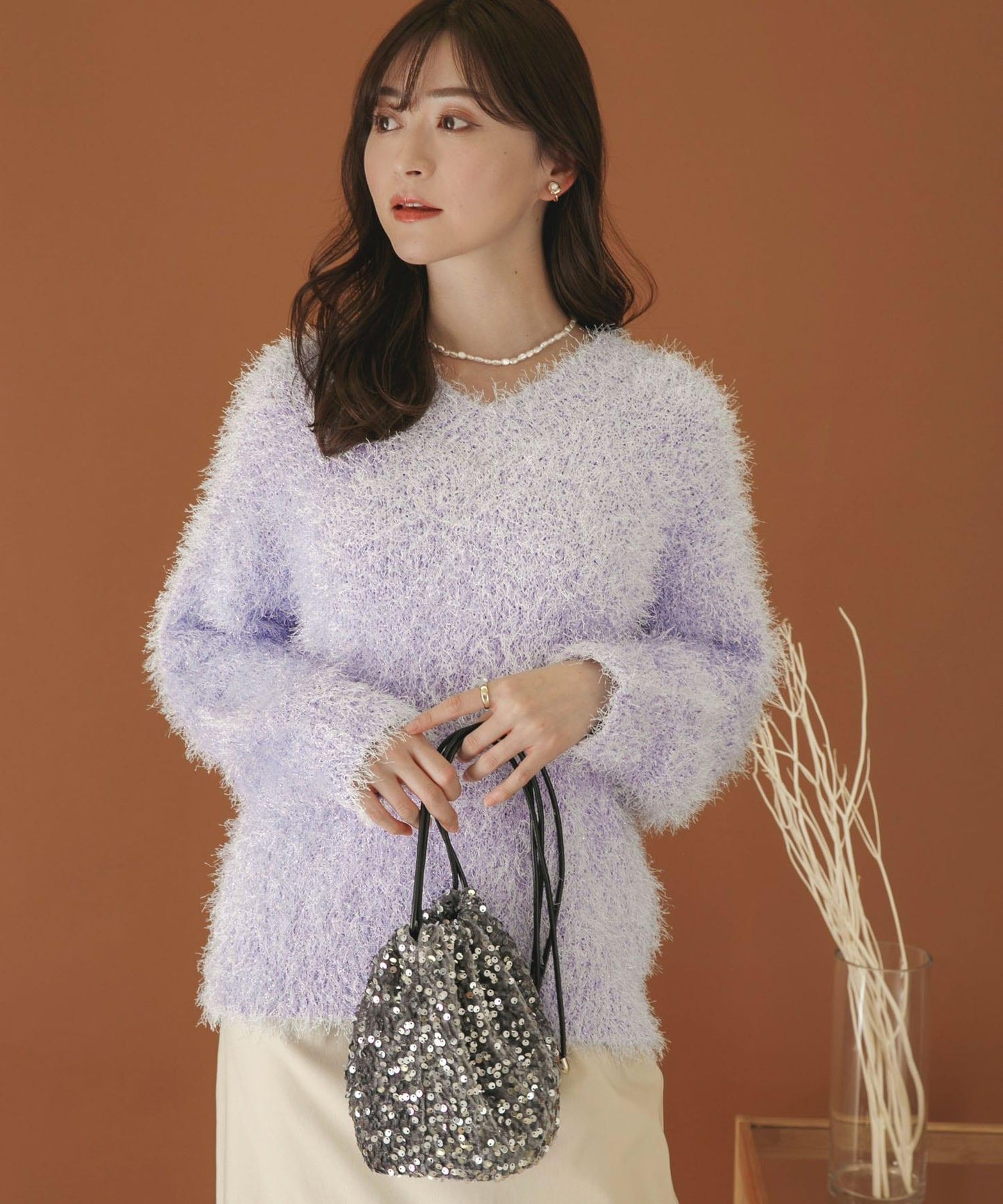 V領亮絲流蘇毛衣