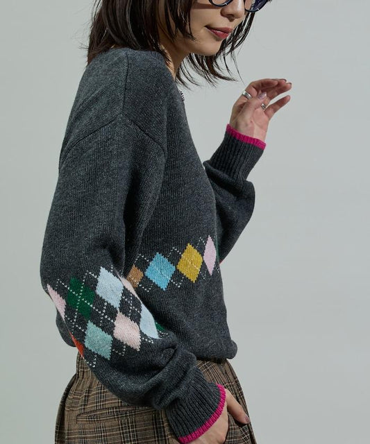 拼色迷你菱格針織套頭衫