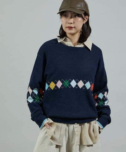 拼色迷你菱格針織套頭衫