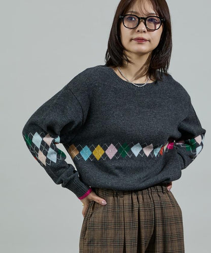 拼色迷你菱格針織套頭衫