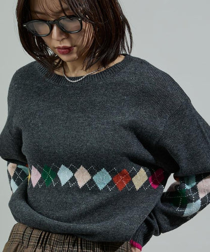 拼色迷你菱格針織套頭衫