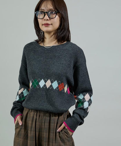 拼色迷你菱格針織套頭衫
