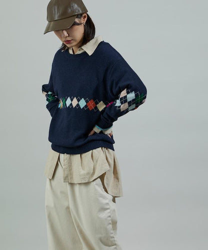 拼色迷你菱格針織套頭衫