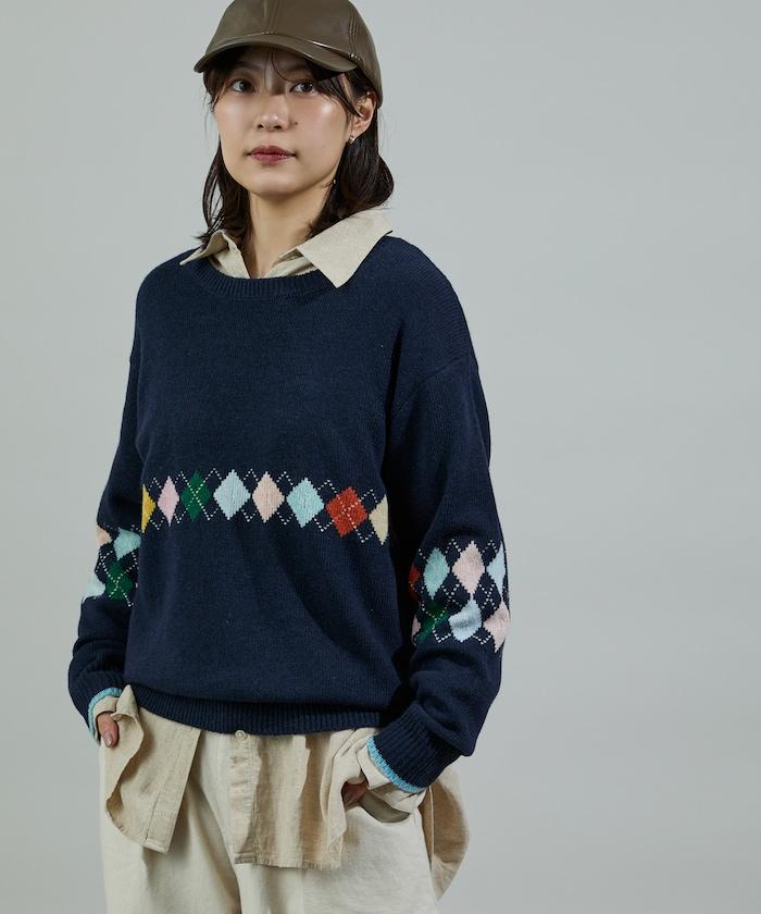 拼色迷你菱格針織套頭衫