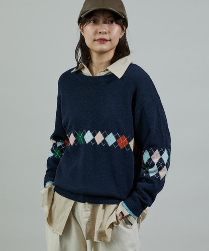 拼色迷你菱格針織套頭衫