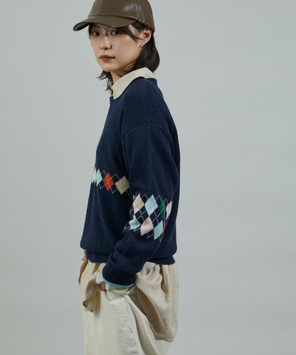 拼色迷你菱格針織套頭衫