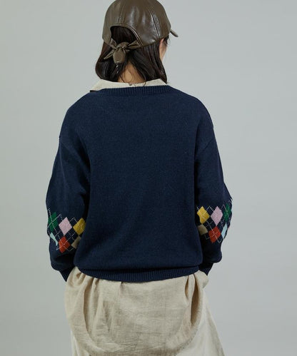 拼色迷你菱格針織套頭衫