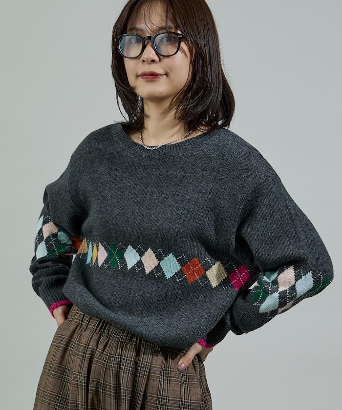 拼色迷你菱格針織套頭衫