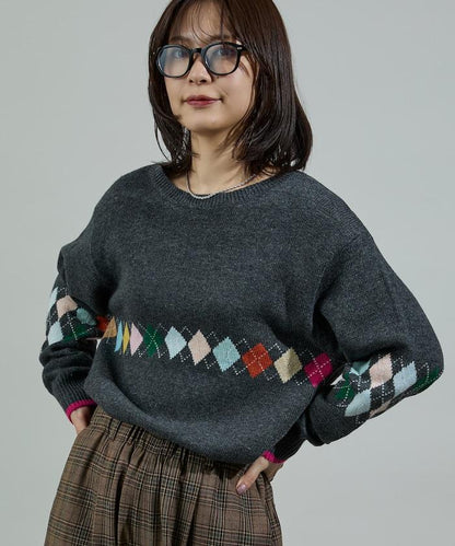 拼色迷你菱格針織套頭衫