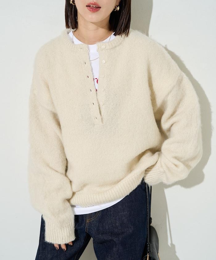 羊毛觸感磨毛亨利領針織衫