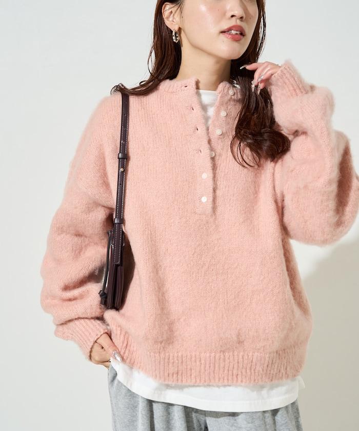 羊毛觸感磨毛亨利領針織衫