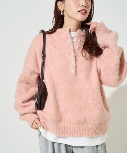 羊毛觸感磨毛亨利領針織衫