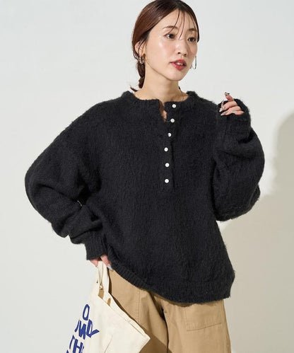 羊毛觸感磨毛亨利領針織衫