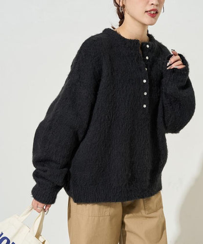 羊毛觸感磨毛亨利領針織衫