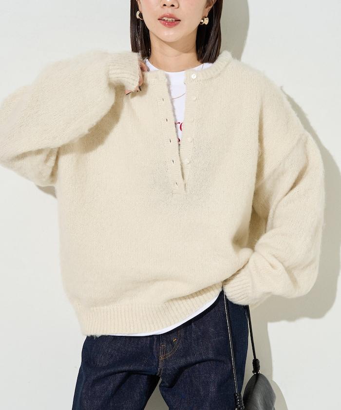 羊毛觸感磨毛亨利領針織衫