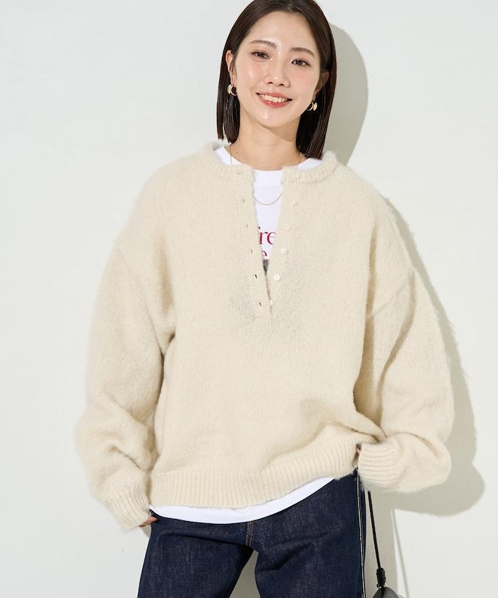 羊毛觸感磨毛亨利領針織衫