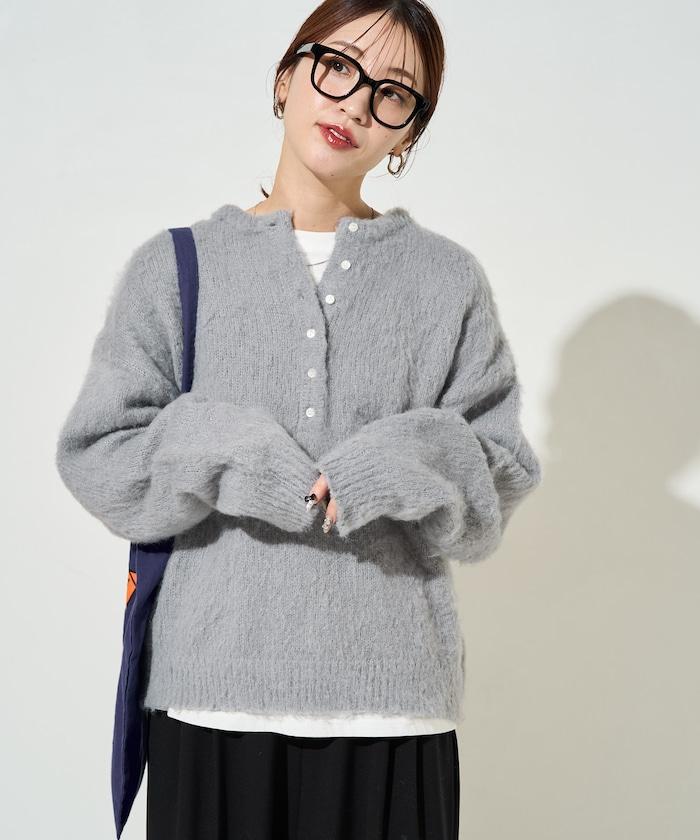 羊毛觸感磨毛亨利領針織衫