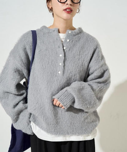 羊毛觸感磨毛亨利領針織衫