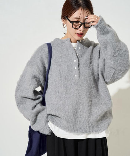 羊毛觸感磨毛亨利領針織衫