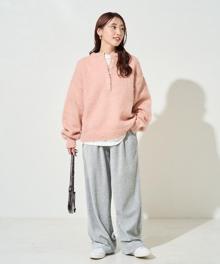 羊毛觸感磨毛亨利領針織衫