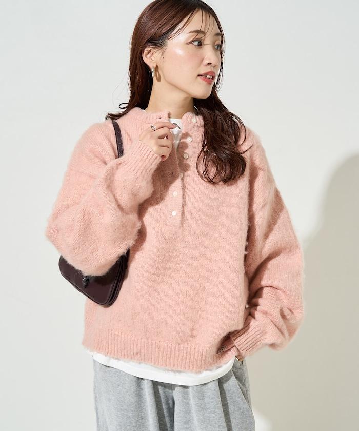 羊毛觸感磨毛亨利領針織衫