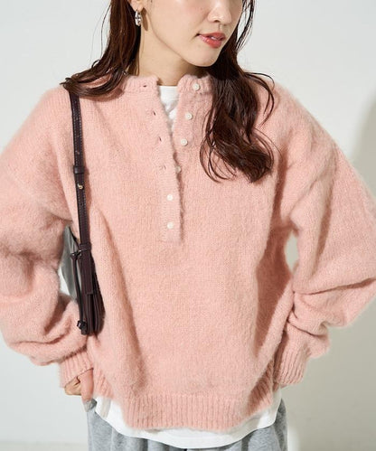 羊毛觸感磨毛亨利領針織衫