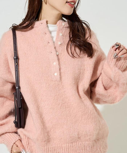 羊毛觸感磨毛亨利領針織衫