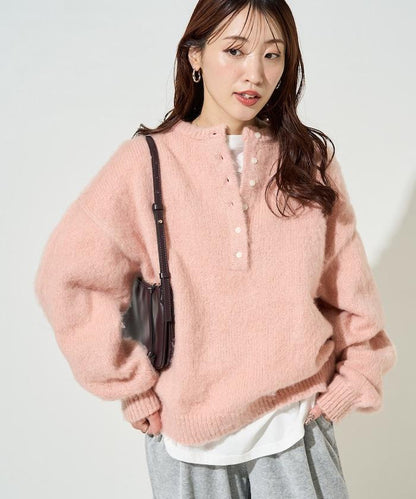 羊毛觸感磨毛亨利領針織衫