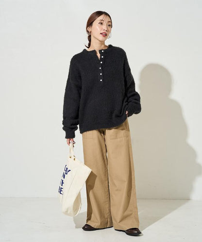 羊毛觸感磨毛亨利領針織衫