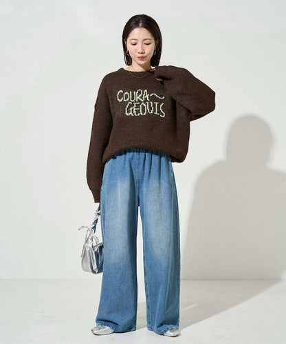 拼色標誌提花長毛針織衫