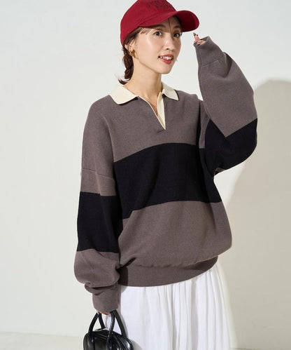 拼色翻領開襟針織套頭衫