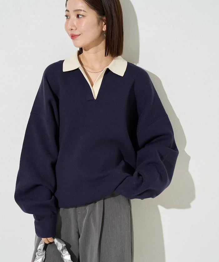 拼色翻領開襟針織套頭衫