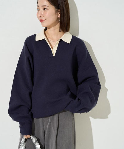 拼色翻領開襟針織套頭衫