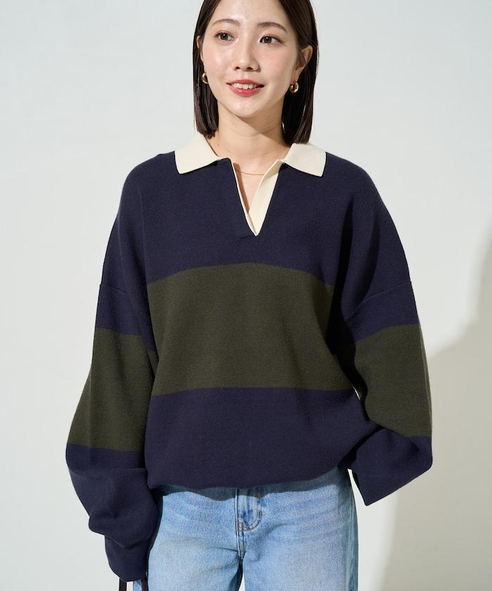 拼色翻領開襟針織套頭衫